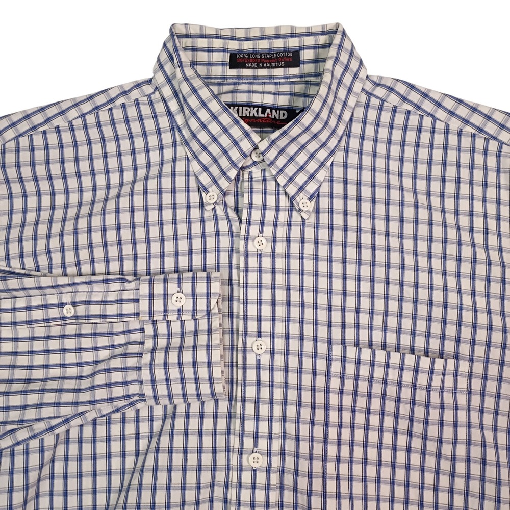 Kirkland Signature Mens 16.5 35 Blue White Check Pinpoint Oxford Cotton Shirt
